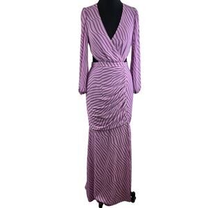 Toccin (NY) Purple Striped Long Sleeve Faux Wrap Open Back Maxi Dress Size 4 NEW
